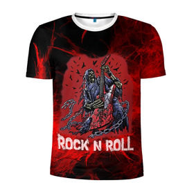 Мужская футболка 3D спортивная с принтом Мертвый гитарист в Курске, 100% полиэстер с улучшенными характеристиками | приталенный силуэт, круглая горловина, широкие плечи, сужается к линии бедра | rock | ворон | гитара | гитарист | жанр | космос | красный | мертвец | металл | музыка | надпись | панк | песня | птицы | рок | рок н рол | скелет | стиль | хард | хой | цепи | череп | я люблю рок