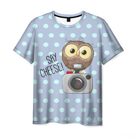 Мужская футболка 3D с принтом Say CHEESE! в Курске, 100% полиэфир | прямой крой, круглый вырез горловины, длина до линии бедер | 3d | арт | горошек | животное | кружочек | надпись | птицы | сова | текстура