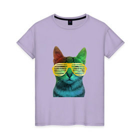 Женская футболка хлопок с принтом Кот в очках в Курске, 100% хлопок | прямой крой, круглый вырез горловины, длина до линии бедер, слегка спущенное плечо | cat | kitty | space | животные | космос | кот | котенок | кошка | очки | радуга | цвет