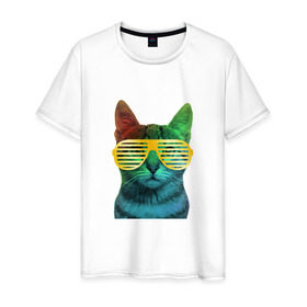 Мужская футболка хлопок с принтом Кот в очках в Курске, 100% хлопок | прямой крой, круглый вырез горловины, длина до линии бедер, слегка спущенное плечо. | Тематика изображения на принте: cat | kitty | space | животные | космос | кот | котенок | кошка | очки | радуга | цвет