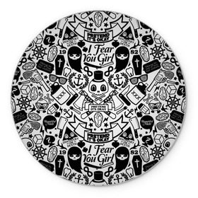 Коврик круглый с принтом Tokyo Tattoo Sticker Bomb в Курске, резина и полиэстер | круглая форма, изображение наносится на всю лицевую часть | Тематика изображения на принте: casual | design | pattern | ray ban | skull | street | texture | urban | дизайн | индеец | мода | очки | повтор | принт | стикербомб | стикеры | тату | текстура | узор | улица | хулиган | череп | шляпа