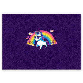 Поздравительная открытка с принтом Радужный Единорог в Очках в Курске, 100% бумага | плотность бумаги 280 г/м2, матовая, на обратной стороне линовка и место для марки
 | colors | pizza | pony | rainbow | unicorn | бекон | единорог | конь | очки | пицца | пони | пончик | радуга | рог | солнцезащитные очки