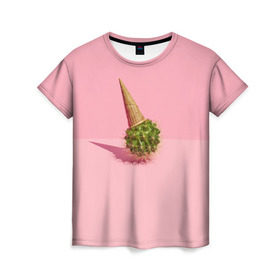 Женская футболка 3D с принтом Ванильный Кактус в Курске, 100% полиэфир ( синтетическое хлопкоподобное полотно) | прямой крой, круглый вырез горловины, длина до линии бедер | вафля | вкусняшка | еда | жара | иголки | кактусы | картина | лед | лето | мимими | мороженка | мороженое | необычный | пломбир | растение | рожок | розовый | сладкое | сюрреализм | тень | эскимо
