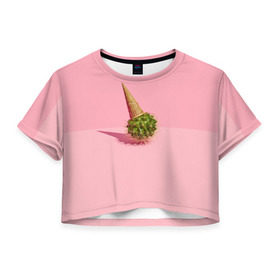 Женская футболка 3D укороченная с принтом Ванильный Кактус в Курске, 100% полиэстер | круглая горловина, длина футболки до линии талии, рукава с отворотами | вафля | вкусняшка | еда | жара | иголки | кактусы | картина | лед | лето | мимими | мороженка | мороженое | необычный | пломбир | растение | рожок | розовый | сладкое | сюрреализм | тень | эскимо