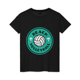 Женская футболка хлопок с принтом Пляжный волейбол в Курске, 100% хлопок | прямой крой, круглый вырез горловины, длина до линии бедер, слегка спущенное плечо | sport | volleyball | волейбол | игрок | лето | море | мяч | пальма | пляж | победа | спорт