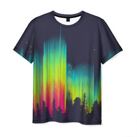 Мужская футболка 3D с принтом Северное сияние в Курске, 100% полиэфир | прямой крой, круглый вырез горловины, длина до линии бедер | бор | деревья | звездное | звезды | зеленый | кислота | кислотный | красный | лес | лучи | небо | ночь | природа | радужный | свет | север | тайга