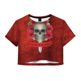 Женская футболка 3D укороченная с принтом Gans N Roses в Курске, 100% полиэстер | круглая горловина, длина футболки до линии талии, рукава с отворотами | Тематика изображения на принте: gans n roses | группа | исполнители | меч | музыка | песни | розы | рок группа | череп