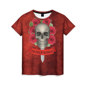 Женская футболка 3D с принтом Gans N Roses в Курске, 100% полиэфир ( синтетическое хлопкоподобное полотно) | прямой крой, круглый вырез горловины, длина до линии бедер | gans n roses | группа | исполнители | меч | музыка | песни | розы | рок группа | череп