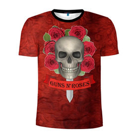 Мужская футболка 3D спортивная с принтом Gans N Roses в Курске, 100% полиэстер с улучшенными характеристиками | приталенный силуэт, круглая горловина, широкие плечи, сужается к линии бедра | gans n roses | группа | исполнители | меч | музыка | песни | розы | рок группа | череп