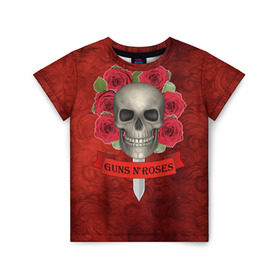 Детская футболка 3D с принтом Gans N Roses в Курске, 100% гипоаллергенный полиэфир | прямой крой, круглый вырез горловины, длина до линии бедер, чуть спущенное плечо, ткань немного тянется | gans n roses | группа | исполнители | меч | музыка | песни | розы | рок группа | череп
