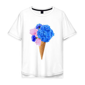 Мужская футболка хлопок Oversize с принтом Мороженое букет в Курске, 100% хлопок | свободный крой, круглый ворот, “спинка” длиннее передней части | Тематика изображения на принте: flowers | василек | вафля | гортензия | магнолия | рожок | розовый | синий | цветы