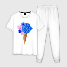 Мужская пижама хлопок с принтом Мороженое букет в Курске, 100% хлопок | брюки и футболка прямого кроя, без карманов, на брюках мягкая резинка на поясе и по низу штанин
 | flowers | василек | вафля | гортензия | магнолия | рожок | розовый | синий | цветы
