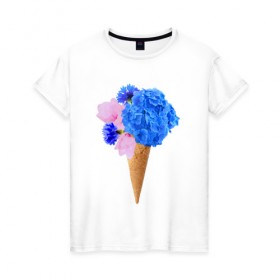 Женская футболка хлопок с принтом Мороженое букет в Курске, 100% хлопок | прямой крой, круглый вырез горловины, длина до линии бедер, слегка спущенное плечо | flowers | василек | вафля | гортензия | магнолия | рожок | розовый | синий | цветы