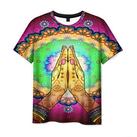 Мужская футболка 3D с принтом Meditation в Курске, 100% полиэфир | прямой крой, круглый вырез горловины, длина до линии бедер | Тематика изображения на принте: 3d | indian | mandala | арт | йога | медитация | руки | узор | цветы