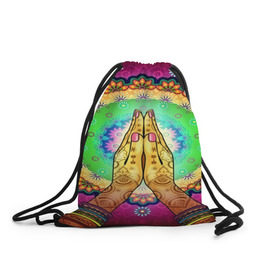 Рюкзак-мешок 3D с принтом Meditation в Курске, 100% полиэстер | плотность ткани — 200 г/м2, размер — 35 х 45 см; лямки — толстые шнурки, застежка на шнуровке, без карманов и подкладки | 3d | indian | mandala | арт | йога | медитация | руки | узор | цветы
