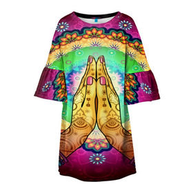 Детское платье 3D с принтом Meditation в Курске, 100% полиэстер | прямой силуэт, чуть расширенный к низу. Круглая горловина, на рукавах — воланы | 3d | indian | mandala | арт | йога | медитация | руки | узор | цветы