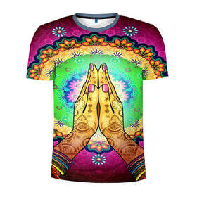 Мужская футболка 3D спортивная с принтом Meditation в Курске, 100% полиэстер с улучшенными характеристиками | приталенный силуэт, круглая горловина, широкие плечи, сужается к линии бедра | 3d | indian | mandala | арт | йога | медитация | руки | узор | цветы