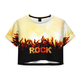 Женская футболка 3D укороченная с принтом Rock концерт в Курске, 100% полиэстер | круглая горловина, длина футболки до линии талии, рукава с отворотами | rock | в толпу | гитара | группа | дым | жанр | концерт | металл | музыка | надпись | панк | певец | песня | прыжок | рок | рок н рол | руки | стиль | хард | хой | я люблю рок