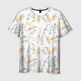 Мужская футболка 3D с принтом Пташки в Курске, 100% полиэфир | прямой крой, круглый вырез горловины, длина до линии бедер | bird | birds | feather | spring | весна | ветка | перья | птицы | птички