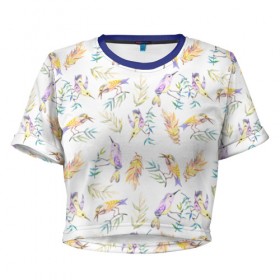 Женская футболка 3D укороченная с принтом Пташки в Курске, 100% полиэстер | круглая горловина, длина футболки до линии талии, рукава с отворотами | bird | birds | feather | spring | весна | ветка | перья | птицы | птички