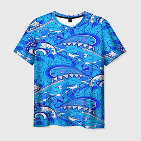 Мужская футболка 3D с принтом Floral pattern в Курске, 100% полиэфир | прямой крой, круглый вырез горловины, длина до линии бедер | Тематика изображения на принте: 3d | абстракция | арт | волны | синий | узор | цветы