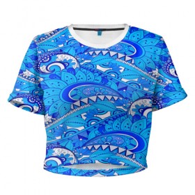 Женская футболка 3D укороченная с принтом Floral pattern в Курске, 100% полиэстер | круглая горловина, длина футболки до линии талии, рукава с отворотами | 3d | абстракция | арт | волны | синий | узор | цветы