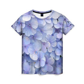 Женская футболка 3D с принтом Гортензия голубая в Курске, 100% полиэфир ( синтетическое хлопкоподобное полотно) | прямой крой, круглый вырез горловины, длина до линии бедер | hydrangea | лето | нежность | незабудка | цветы