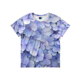 Детская футболка 3D с принтом Гортензия голубая в Курске, 100% гипоаллергенный полиэфир | прямой крой, круглый вырез горловины, длина до линии бедер, чуть спущенное плечо, ткань немного тянется | Тематика изображения на принте: hydrangea | лето | нежность | незабудка | цветы