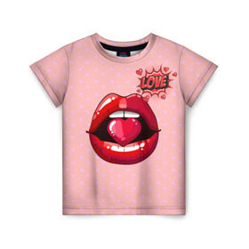Детская футболка 3D с принтом Lips в Курске, 100% гипоаллергенный полиэфир | прямой крой, круглый вырез горловины, длина до линии бедер, чуть спущенное плечо, ткань немного тянется | Тематика изображения на принте: 3d | love | pop art | арт | губы | девушкам | любовь | поп арт | поцелуй | розовый | сердечки