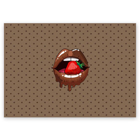 Поздравительная открытка с принтом Шоколадные губки в Курске, 100% бумага | плотность бумаги 280 г/м2, матовая, на обратной стороне линовка и место для марки
 | Тематика изображения на принте: 3d | pop art | арт | горошек | губы | девушкам | еда | клубника | кружочек | поп арт | текстура | шоколад | ягоды