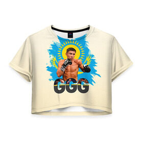 Женская футболка 3D укороченная с принтом Геннадий Головкин в Курске, 100% полиэстер | круглая горловина, длина футболки до линии талии, рукава с отворотами | fighting | ggg | боец | боксер | борьба | драки