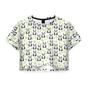 Женская футболка 3D укороченная с принтом Панда в Курске, 100% полиэстер | круглая горловина, длина футболки до линии талии, рукава с отворотами | медведь | мишка | тростник