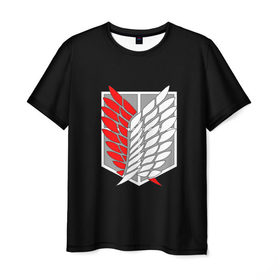 Мужская футболка 3D с принтом Атака Титанов (эмблема) #9 в Курске, 100% полиэфир | прямой крой, круглый вырез горловины, длина до линии бедер | attack on titan | shingeki no kyojin | белый | красный | чёрный | эмблема разведчиков