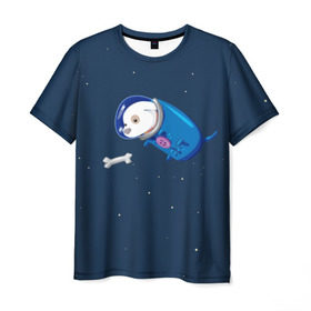 Мужская футболка 3D с принтом Собачка в космосе в Курске, 100% полиэфир | прямой крой, круглый вырез горловины, длина до линии бедер | Тематика изображения на принте: звёзды | космонавт | космос | косточка | скафандр | собачка