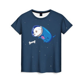 Женская футболка 3D с принтом Собачка в космосе в Курске, 100% полиэфир ( синтетическое хлопкоподобное полотно) | прямой крой, круглый вырез горловины, длина до линии бедер | звёзды | космонавт | космос | косточка | скафандр | собачка