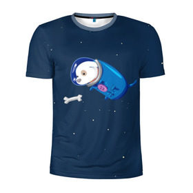 Мужская футболка 3D спортивная с принтом Собачка в космосе в Курске, 100% полиэстер с улучшенными характеристиками | приталенный силуэт, круглая горловина, широкие плечи, сужается к линии бедра | Тематика изображения на принте: звёзды | космонавт | космос | косточка | скафандр | собачка