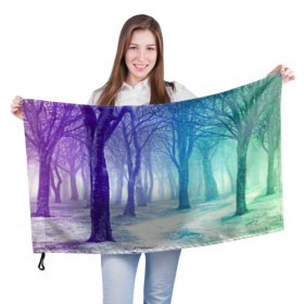 Флаг 3D с принтом Мрачный лес в Курске, 100% полиэстер | плотность ткани — 95 г/м2, размер — 67 х 109 см. Принт наносится с одной стороны | вечер | деревья | загадочный | зеленый | земля | зима | лес | необычный | природа | свет | свечение | сибирь | снег | тайга | фиолетовый | яркий