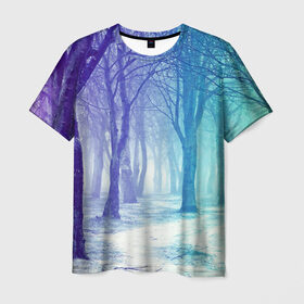 Мужская футболка 3D с принтом Мрачный лес в Курске, 100% полиэфир | прямой крой, круглый вырез горловины, длина до линии бедер | Тематика изображения на принте: вечер | деревья | загадочный | зеленый | земля | зима | лес | необычный | природа | свет | свечение | сибирь | снег | тайга | фиолетовый | яркий