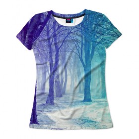 Женская футболка 3D с принтом Мрачный лес в Курске, 100% полиэфир ( синтетическое хлопкоподобное полотно) | прямой крой, круглый вырез горловины, длина до линии бедер | вечер | деревья | загадочный | зеленый | земля | зима | лес | необычный | природа | свет | свечение | сибирь | снег | тайга | фиолетовый | яркий