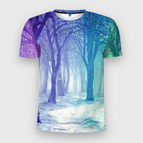 Мужская футболка 3D спортивная с принтом Мрачный лес в Курске, 100% полиэстер с улучшенными характеристиками | приталенный силуэт, круглая горловина, широкие плечи, сужается к линии бедра | вечер | деревья | загадочный | зеленый | земля | зима | лес | необычный | природа | свет | свечение | сибирь | снег | тайга | фиолетовый | яркий