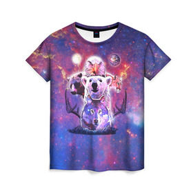 Женская футболка 3D с принтом Звериный прайд в Курске, 100% полиэфир ( синтетическое хлопкоподобное полотно) | прямой крой, круглый вырез горловины, длина до линии бедер | Тематика изображения на принте: волк | вселенная | галактика | звезды | медведь | орел | пума | туманность