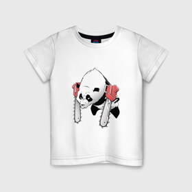 Детская футболка хлопок с принтом Панда - руки бензопилы в Курске, 100% хлопок | круглый вырез горловины, полуприлегающий силуэт, длина до линии бедер | Тематика изображения на принте: бамбук | бамбуковый медведь | бензопила | животное | злость | красная книга | кунгфу | лапы | мишка | опасный | оскал | панда | пила | прикольный | тростник | эвкалипт | япония | ярость