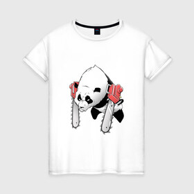 Женская футболка хлопок с принтом Панда - руки бензопилы в Курске, 100% хлопок | прямой крой, круглый вырез горловины, длина до линии бедер, слегка спущенное плечо | бамбук | бамбуковый медведь | бензопила | животное | злость | красная книга | кунгфу | лапы | мишка | опасный | оскал | панда | пила | прикольный | тростник | эвкалипт | япония | ярость
