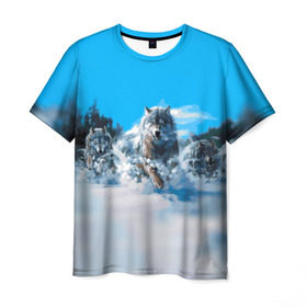 Мужская футболка 3D с принтом Волчья охота в Курске, 100% полиэфир | прямой крой, круглый вырез горловины, длина до линии бедер | бирюк | волк | волчара | волчица | волчок | глаза | животное | животные | зверь | зима | злость | картина | койот | рисунок | санитар леса | серый | снег | стая | три | хищник | цветной | шакал