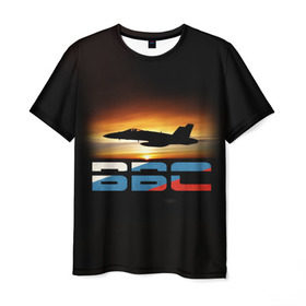 Мужская футболка 3D с принтом Истребитель ВВС на закате в Курске, 100% полиэфир | прямой крой, круглый вырез горловины, длина до линии бедер | самолет