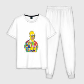 Мужская пижама хлопок с принтом Homer в Курске, 100% хлопок | брюки и футболка прямого кроя, без карманов, на брюках мягкая резинка на поясе и по низу штанин
 | bart | homer | simpsons | барт | гомер | еда | мультфильм | отец | папа | пончик | радуга | симпсоны | спрингфилд | хиппи | цвет