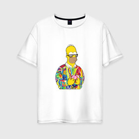 Женская футболка хлопок Oversize с принтом Homer в Курске, 100% хлопок | свободный крой, круглый ворот, спущенный рукав, длина до линии бедер
 | bart | homer | simpsons | барт | гомер | еда | мультфильм | отец | папа | пончик | радуга | симпсоны | спрингфилд | хиппи | цвет