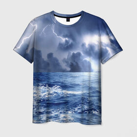 Мужская футболка 3D с принтом Шторм в Курске, 100% полиэфир | прямой крой, круглый вырез горловины, длина до линии бедер | брызги | буря | вода | волны | гроза | капли | красивое | молния | море | непогода | океан | природа | синее | стихия | тучи