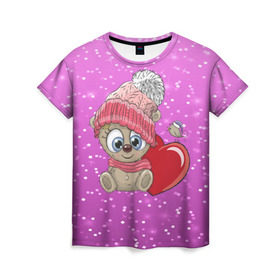 Женская футболка 3D с принтом Teddy baby в Курске, 100% полиэфир ( синтетическое хлопкоподобное полотно) | прямой крой, круглый вырез горловины, длина до линии бедер | 3d | арт | блеск | зима | квадратики | кубики | медведь | милые | плюшевый | сердечки | тедди | текстура