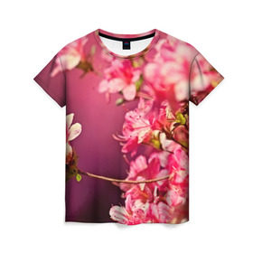 Женская футболка 3D с принтом Сакура в Курске, 100% полиэфир ( синтетическое хлопкоподобное полотно) | прямой крой, круглый вырез горловины, длина до линии бедер | 3d | flower | nature | pink | sakura | весна | деревья | природа | розовый | сакура | цветы | япония